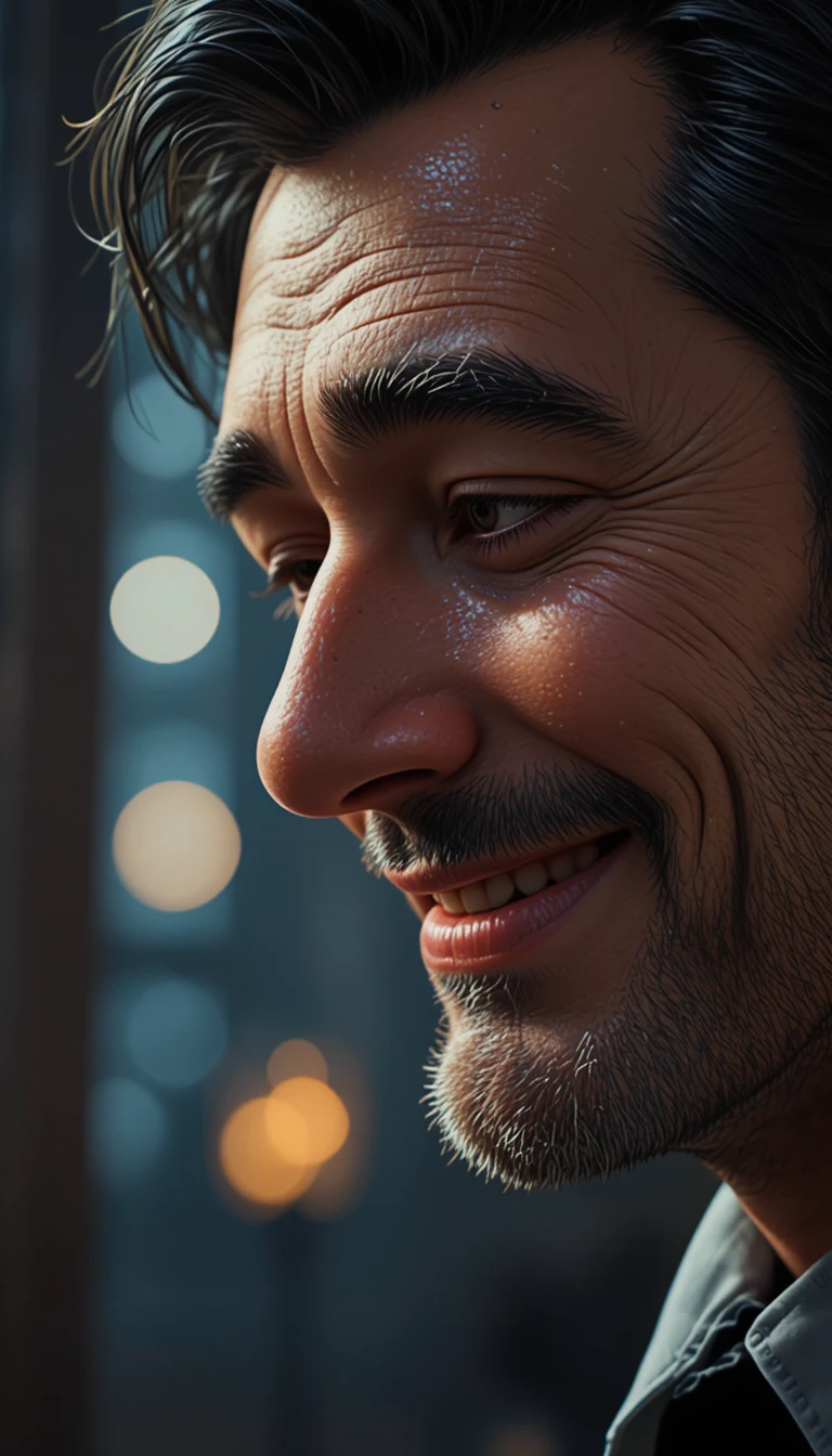 Emotionales Nahporträt eines stillen, sanft lächelnden Mannes mittleren Alters