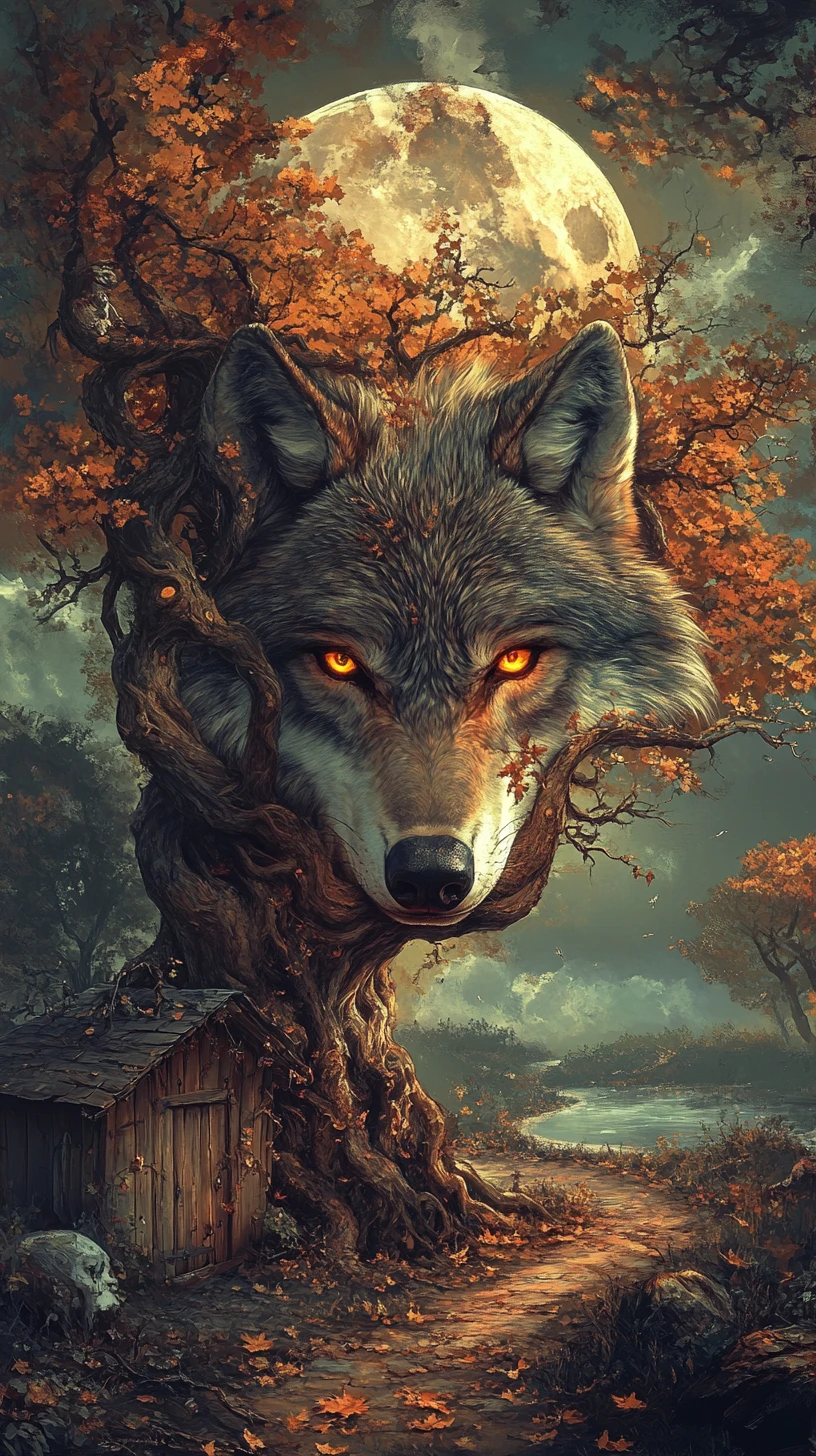 Lobo majestoso fundido com a lua e árvore antiga