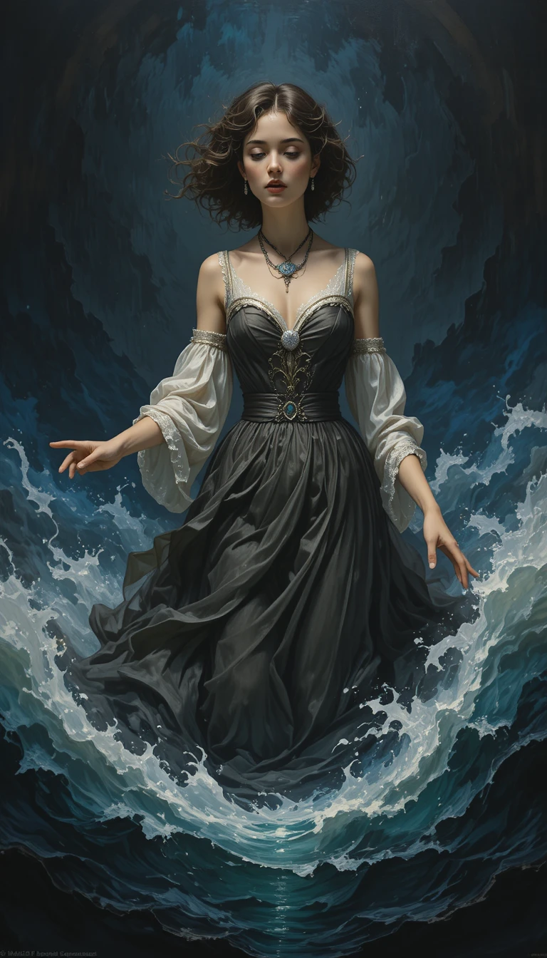 Barockfrau im düsteren Chiaroscuro mit symbolischer Versuchung