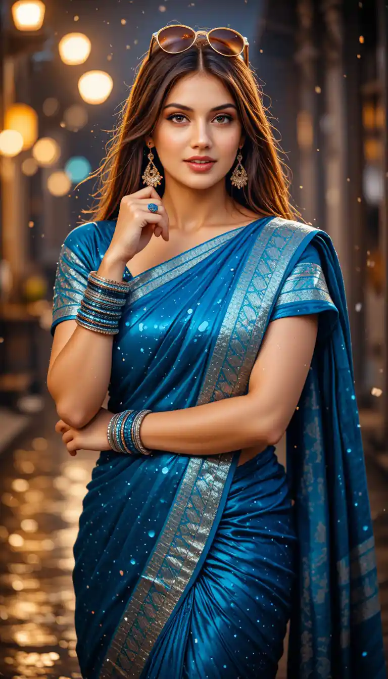 Donna dell’India meridionale giocosa in sari blu bagnato di notte