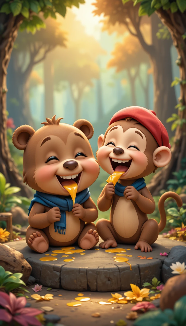 Adorable ours et singe partageant du miel dans une forêt colorée