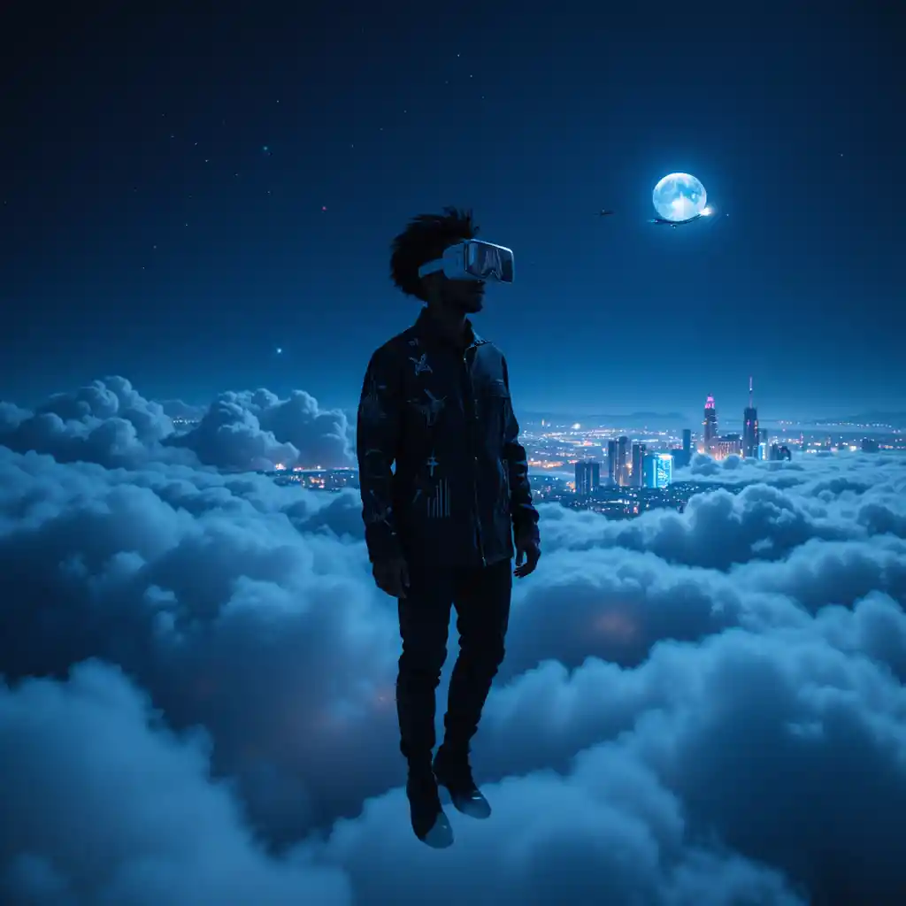 Afrofuturist man floating above luminous night clouds