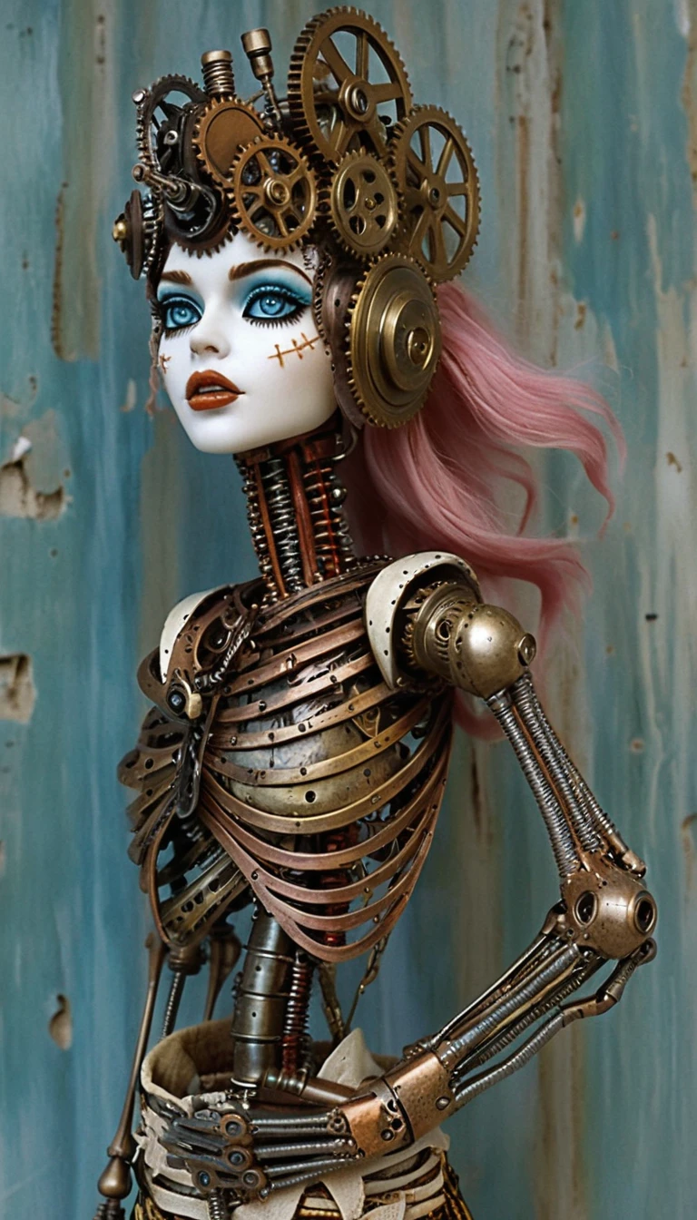 Steampunk gothic ragdoll woman in side profile view