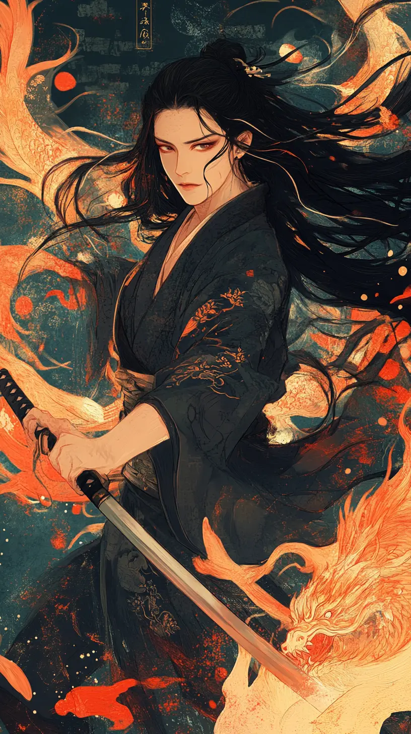 Onmyoji-Kriegerin mit Katana inmitten von Flammen und Geistern
