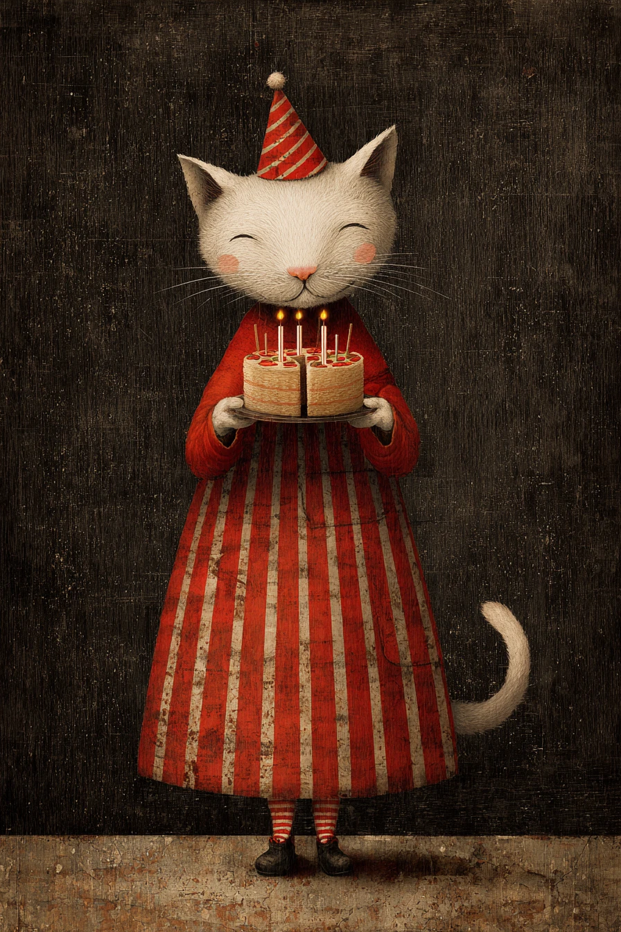 Surreal cat lady holding birthday pizza with candles