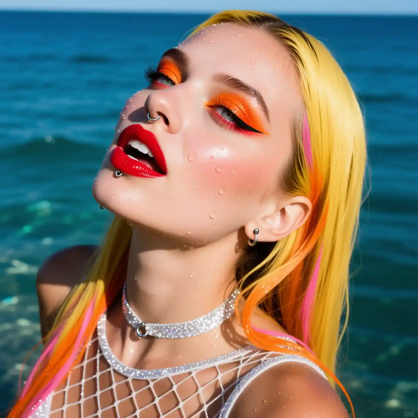 Sunlit high angle portrait of a sensual glittering woman