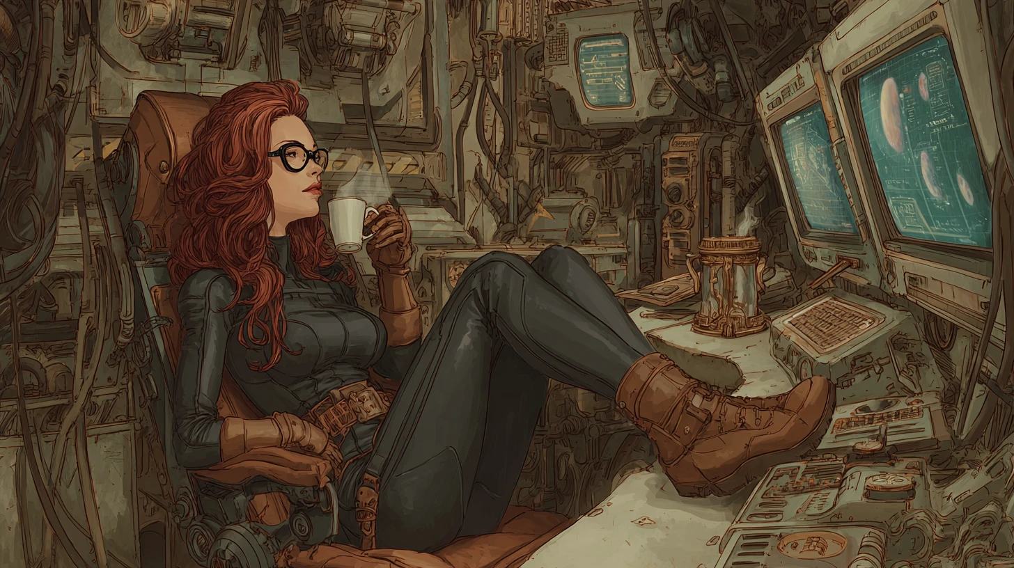 Mujer steampunk relajándose en la cabina de una vieja nave espacial