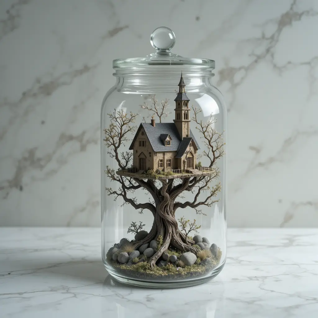 Miniature house and church in a glass jar on a tree