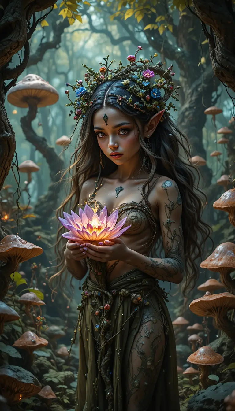 Dríade da floresta segurando uma flor alienígena brilhante