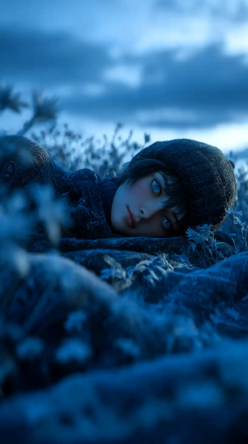 Woman resting on blanket in frozen daisy field at dusk
