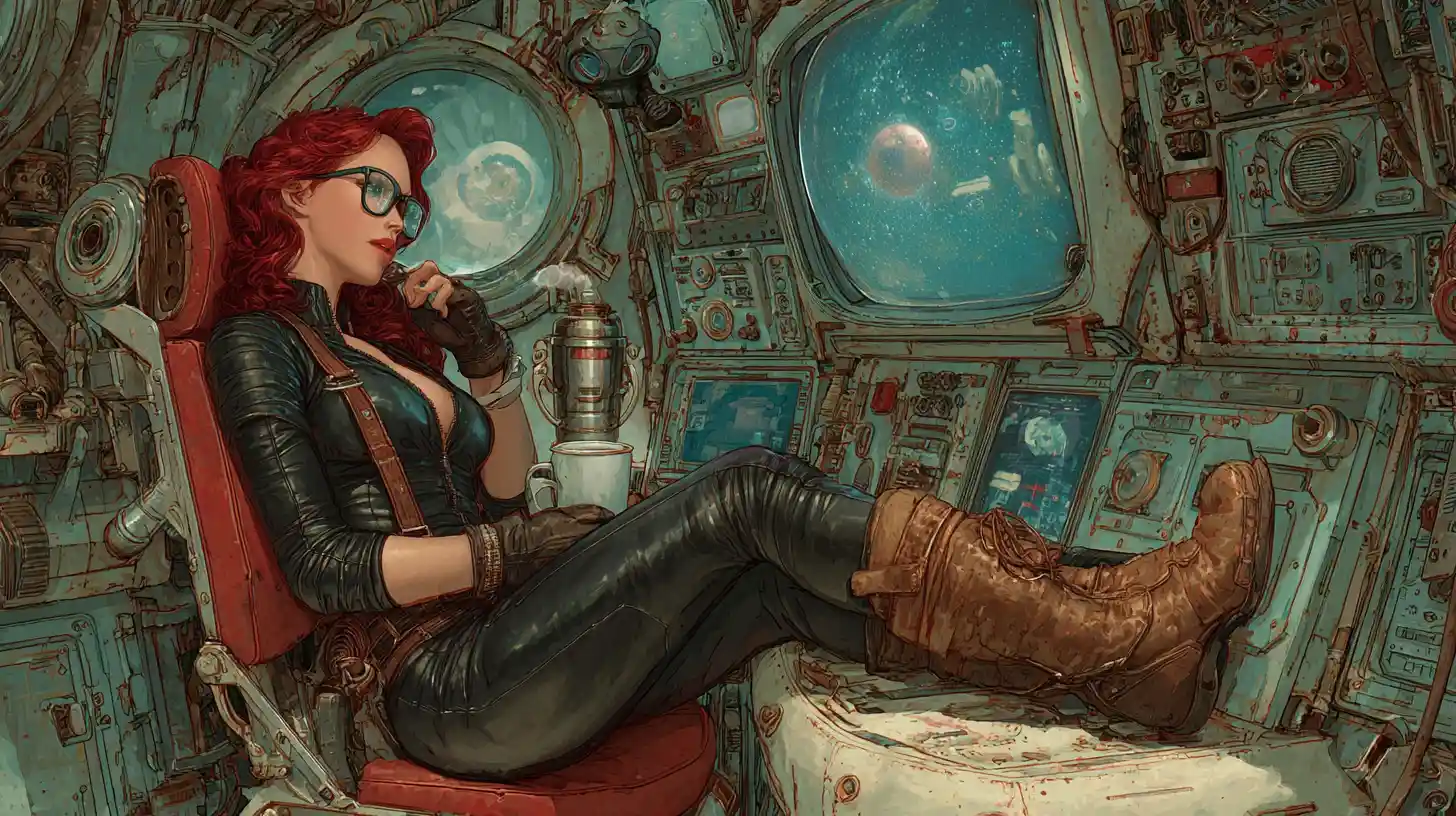 Donna steampunk che si rilassa nella cabina di un'astronave vecchia