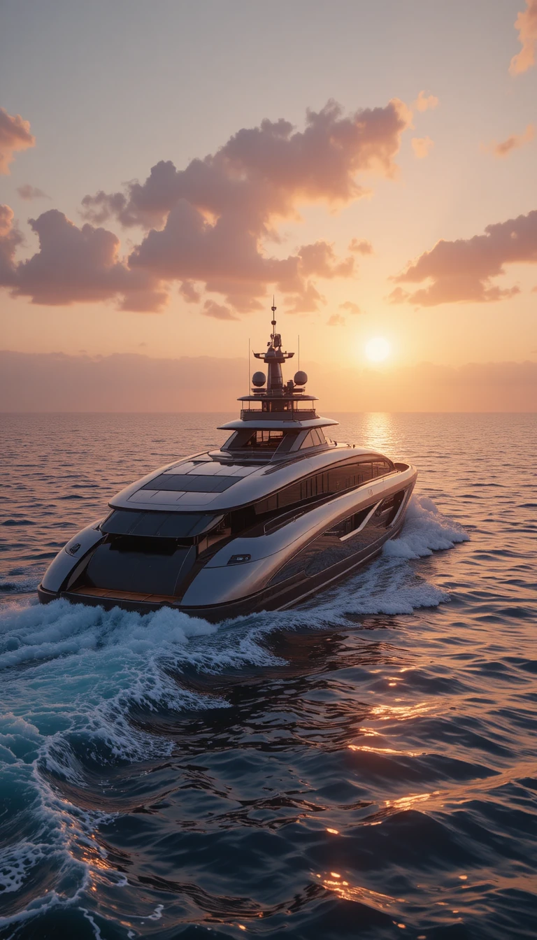Yacht futuristico che scivola su un oceano calmo al tramonto
