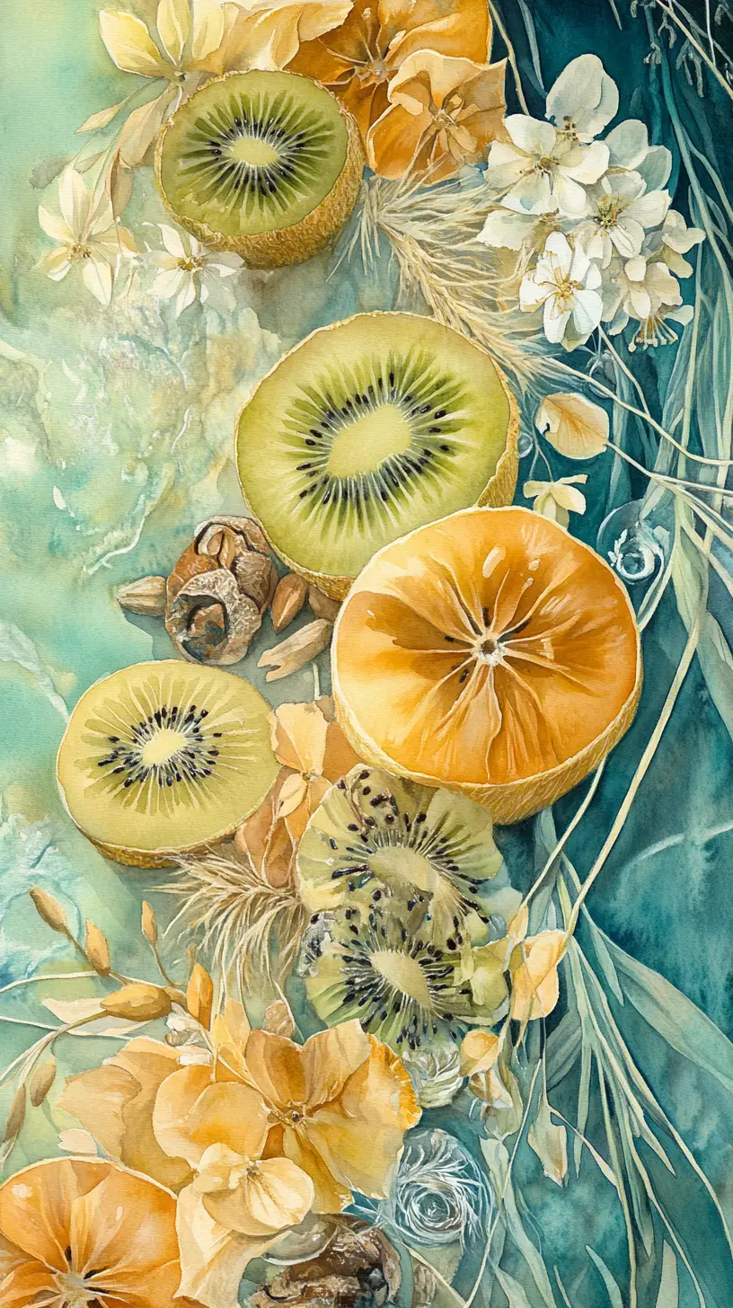 Natura morta ad acquerello con frutta, fiori ed erbe
