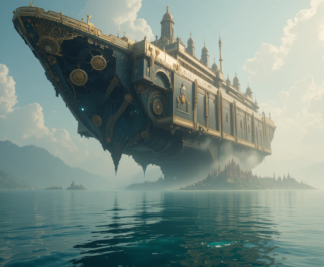 Ciudadela dorada flotante sobre un océano de cristal infinito