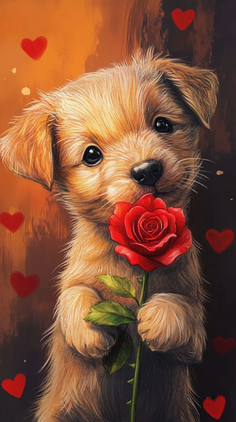 Cute puppy with red rose in whimsical pencil illustration