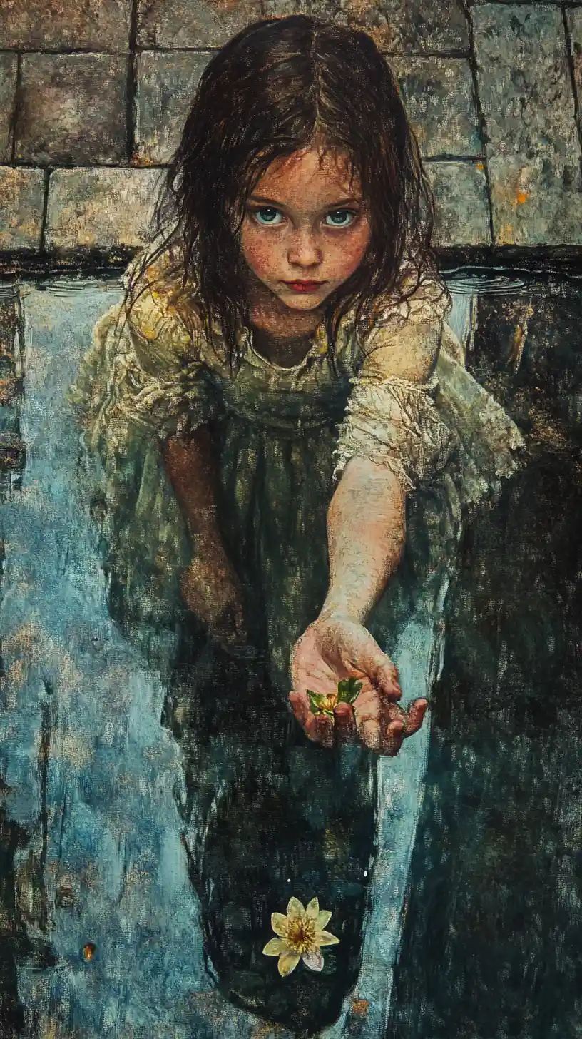 Ragazza vittoriana che offre un semplice fiore sotto la pioggia