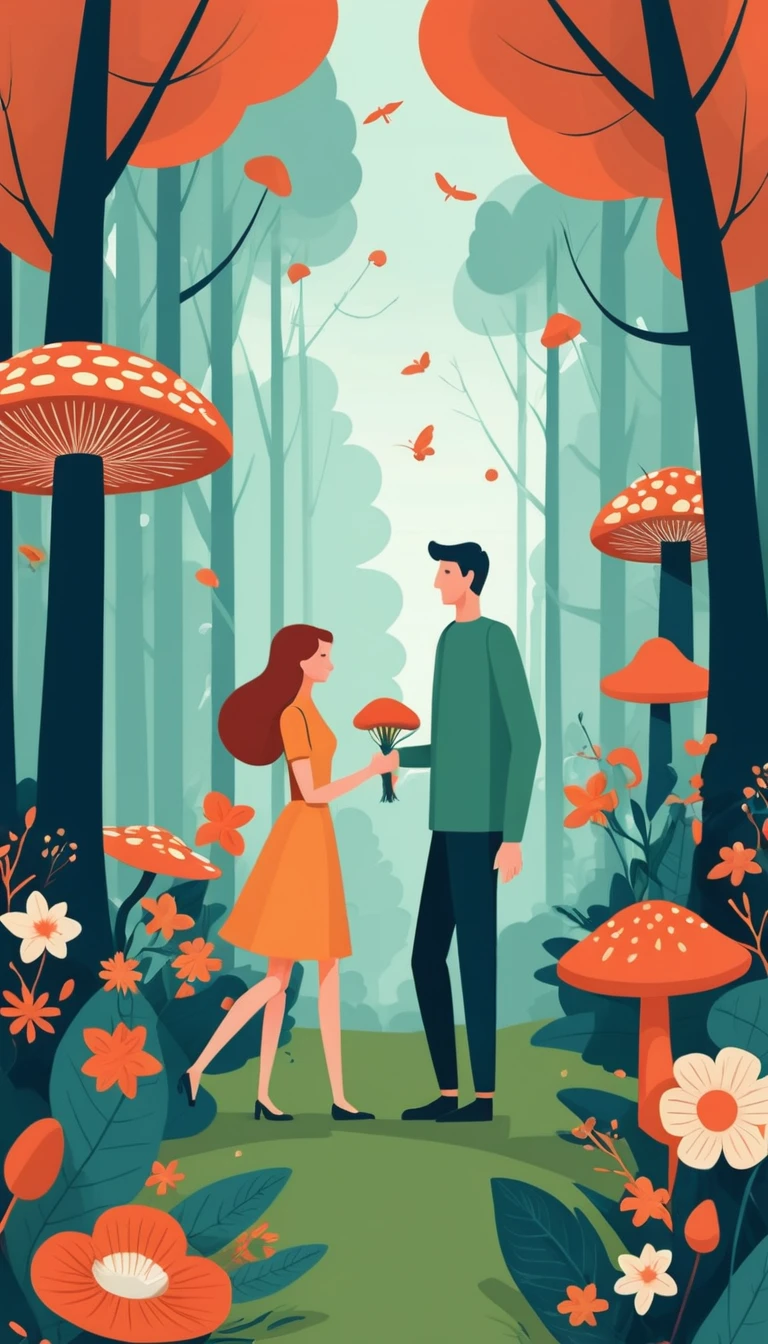 Coppia che raccoglie funghi in una foresta di fiori selvatici