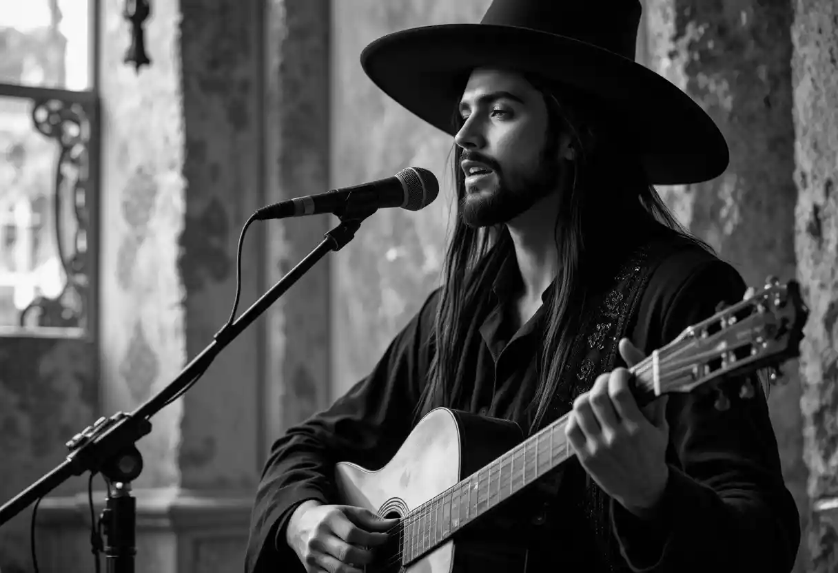Andalusian man in black singing with intense Spanish passion