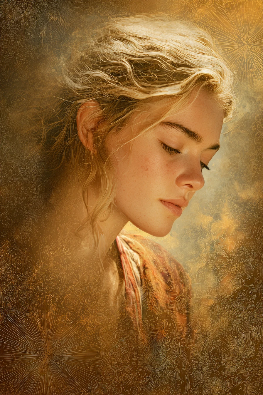 Peaceful young woman in golden light with abstract patterns