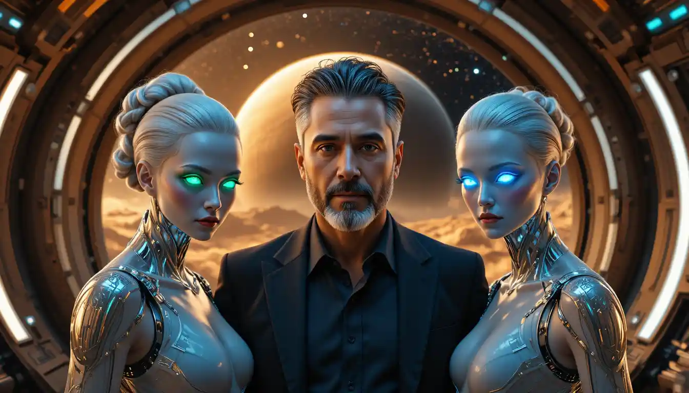 Human and android family on a spaceship observation deck