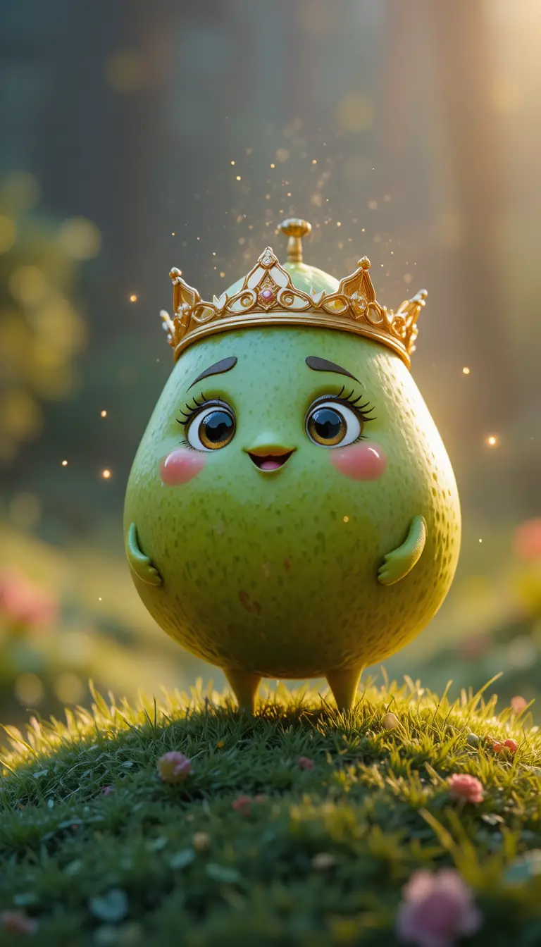 Cute crowned guava character on a small grassy hill