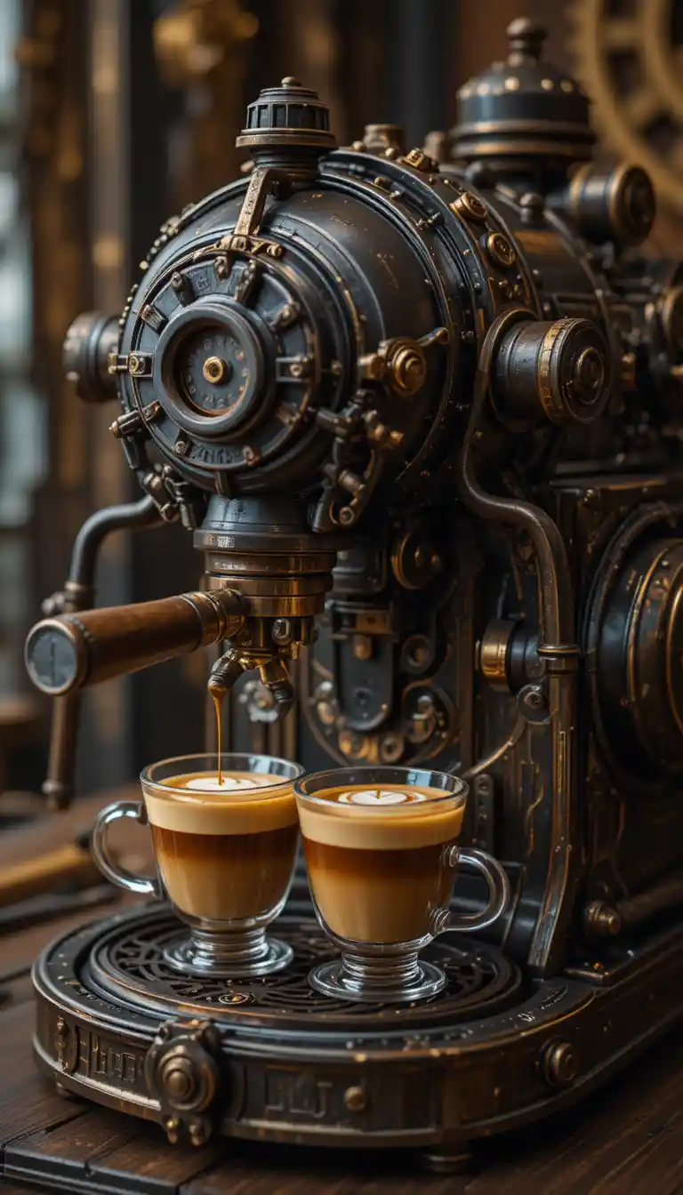 Steampunk espresso machine with latte art in clear cups
