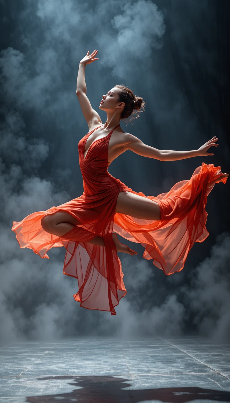 Female dancer leaping in flowing sheer crimson dress