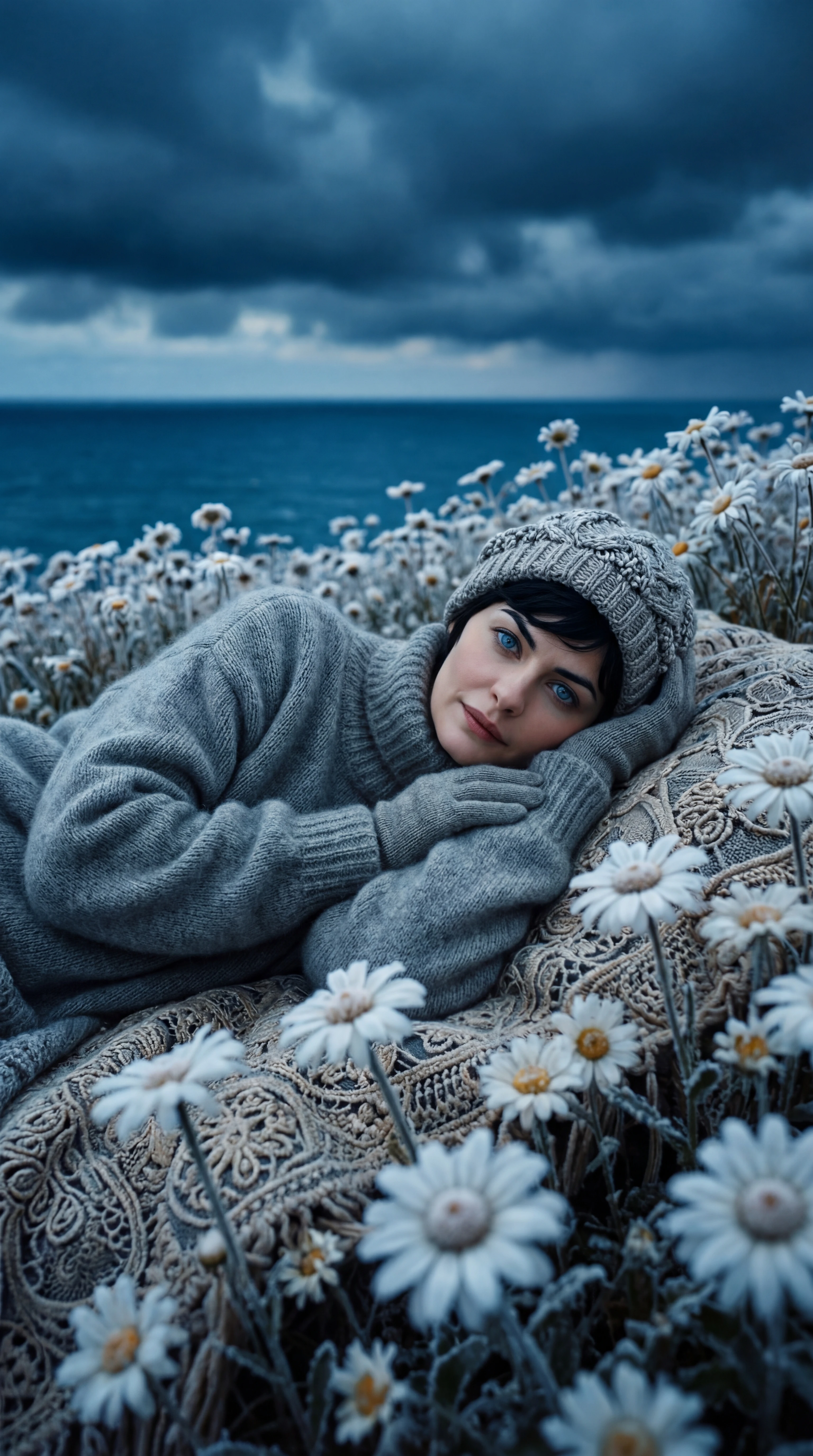 Woman resting on blanket in frozen daisy field