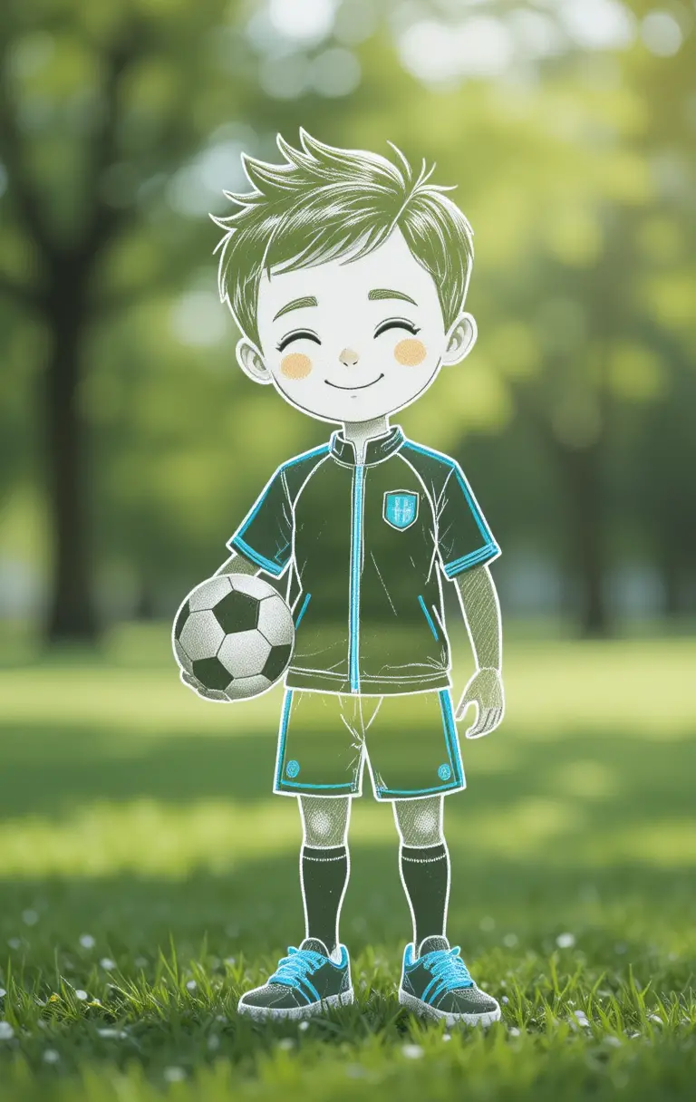 Smiling Boy In Chalk Style Holding A Soccer Ball Outdoors