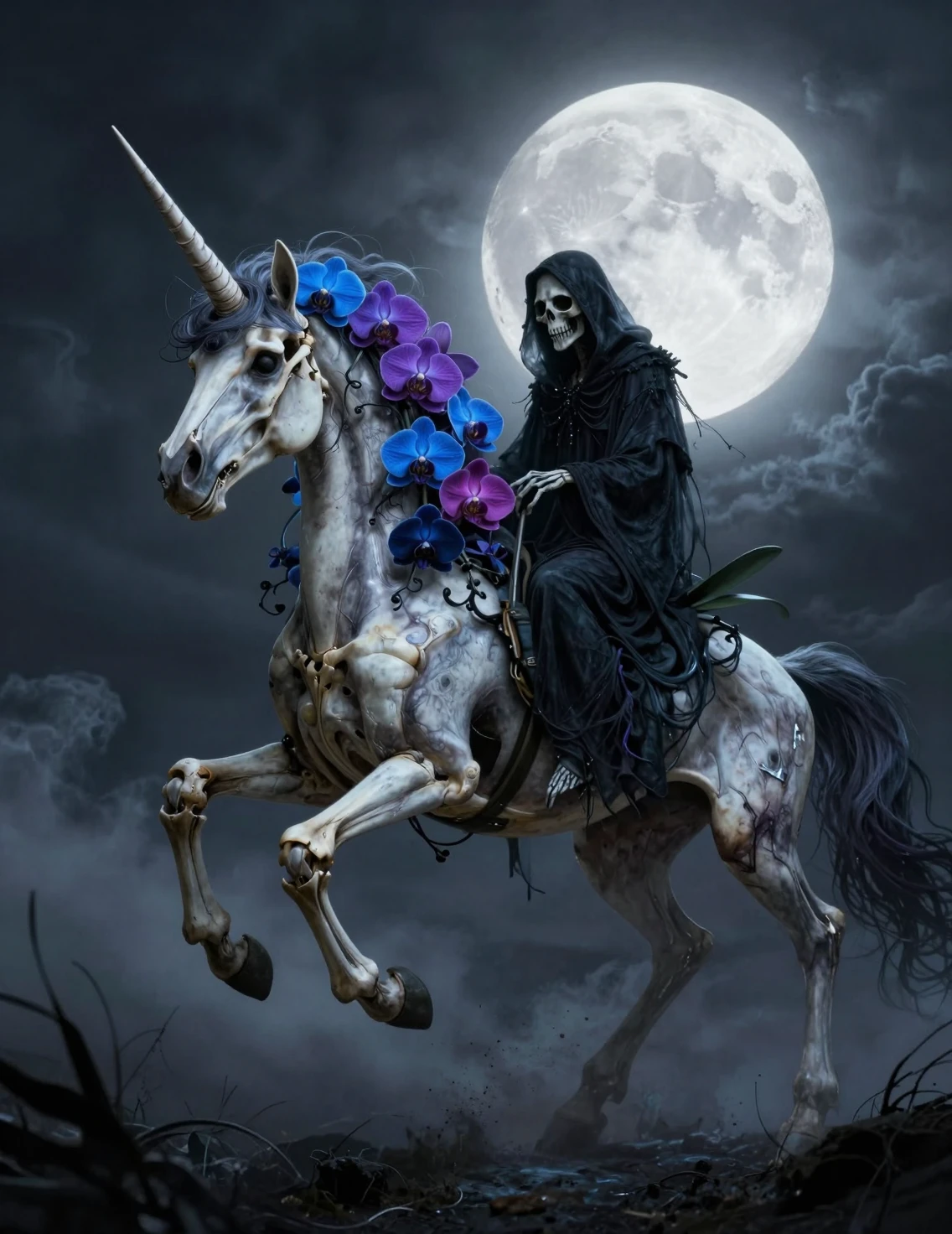 Licorne squelettique avec bouquet d’orchidées sous une pleine lune lumineuse