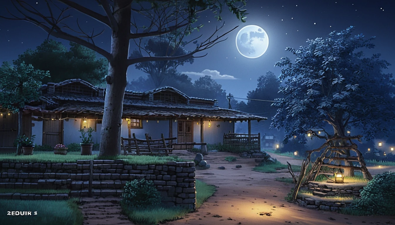 밝은 보름달 아래 고요한 시골 목조 주택