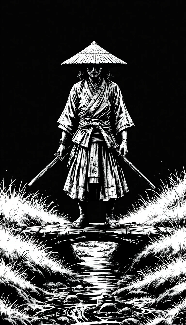 Samurai em uma ponte de madeira sobre um riacho refletivo