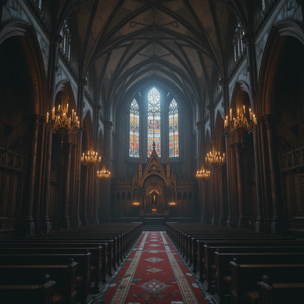Forgotten gothic cathedral interior lit by candle chandeliers
