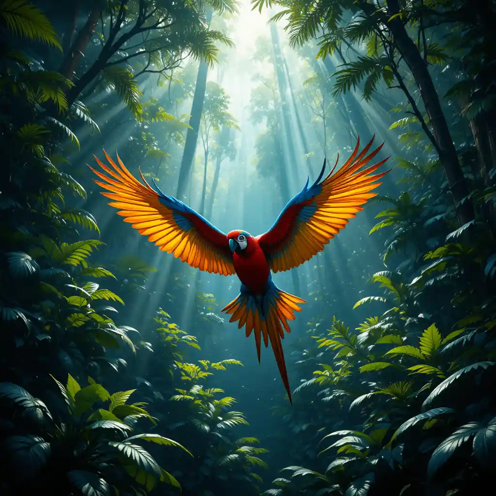 Ara variopinto in volo sulla rigogliosa volta della foresta pluviale brasiliana