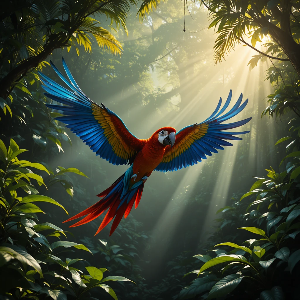 Arara colorida voando pelo dossel exuberante da floresta amazônica brasileira