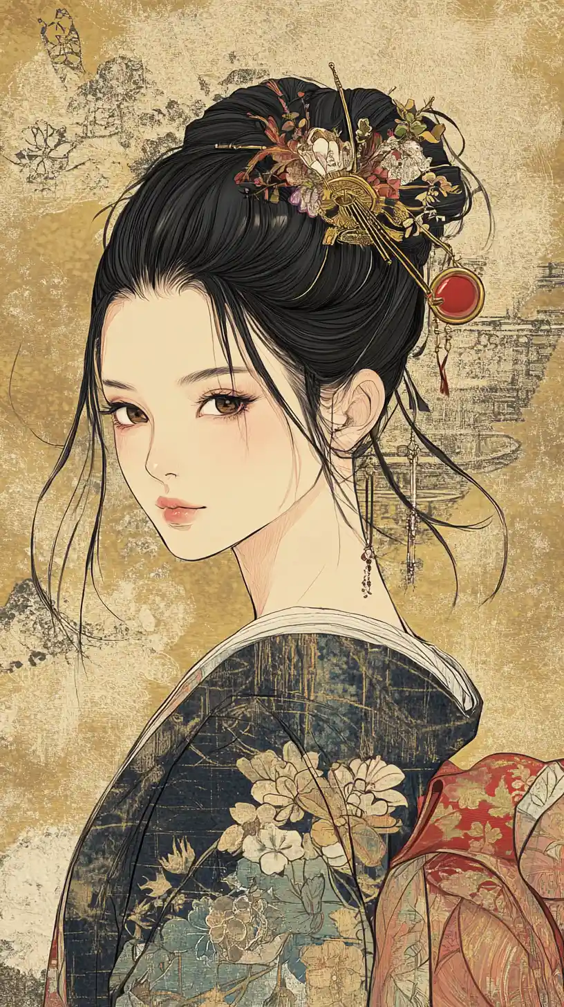 Ukiyo e portrait of a young Asian woman in kimono
