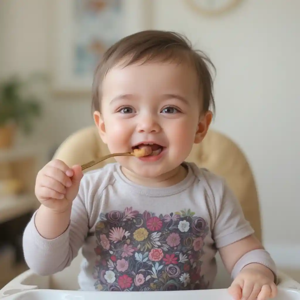Bebê feliz aproveitando uma colher de comida saborosa