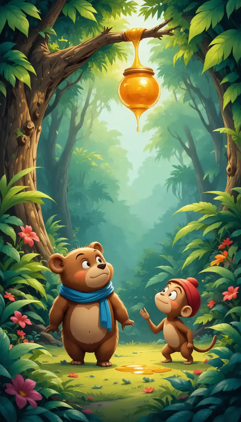 Adorable petit ours marchant dans une jungle lumineuse