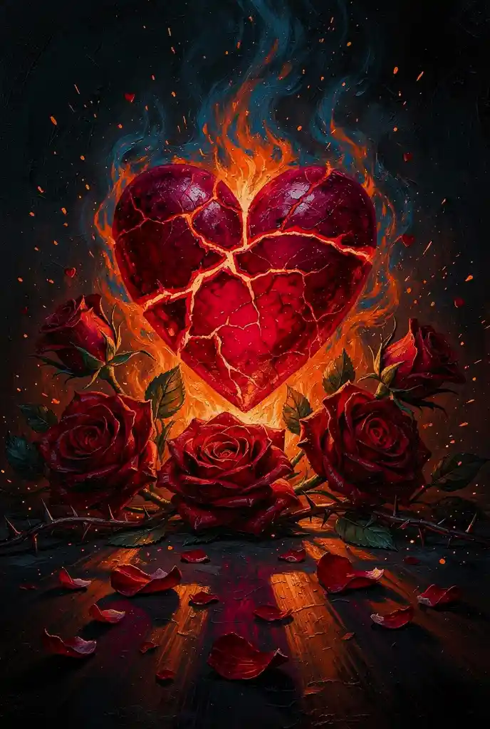 Cœur de Saint-Valentin effrayant avec roses et feu ardent