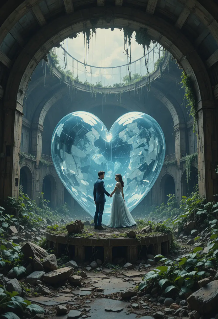 Couple Holding Hands Inside Crystal Capsule In Futuristic Ruin
