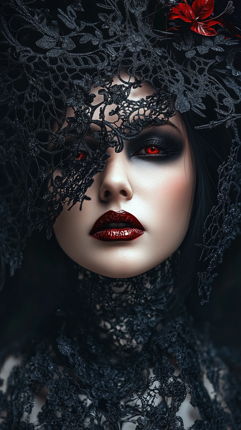 Gothic woman with lace veiled face and vivid red eyes
