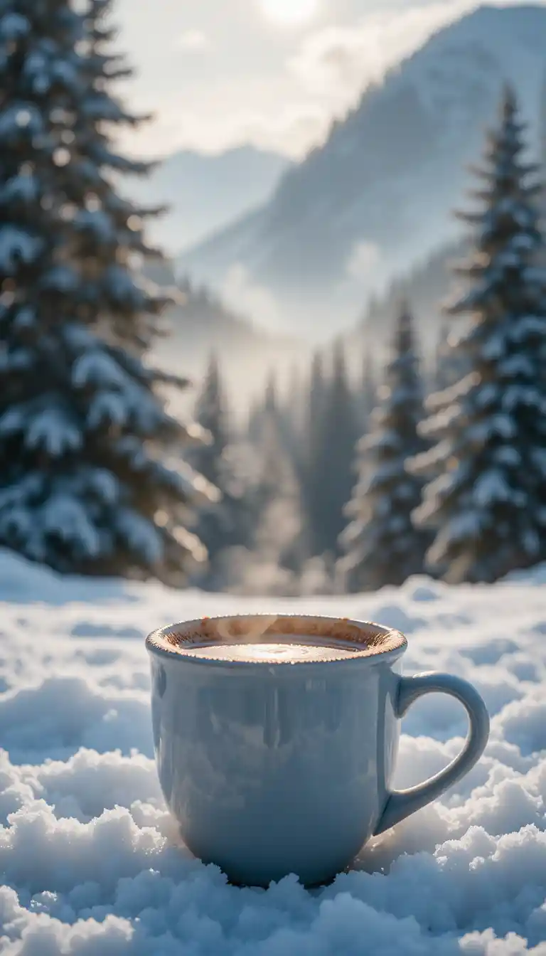 Duas xícaras de café fumegantes nas montanhas nevadas de inverno