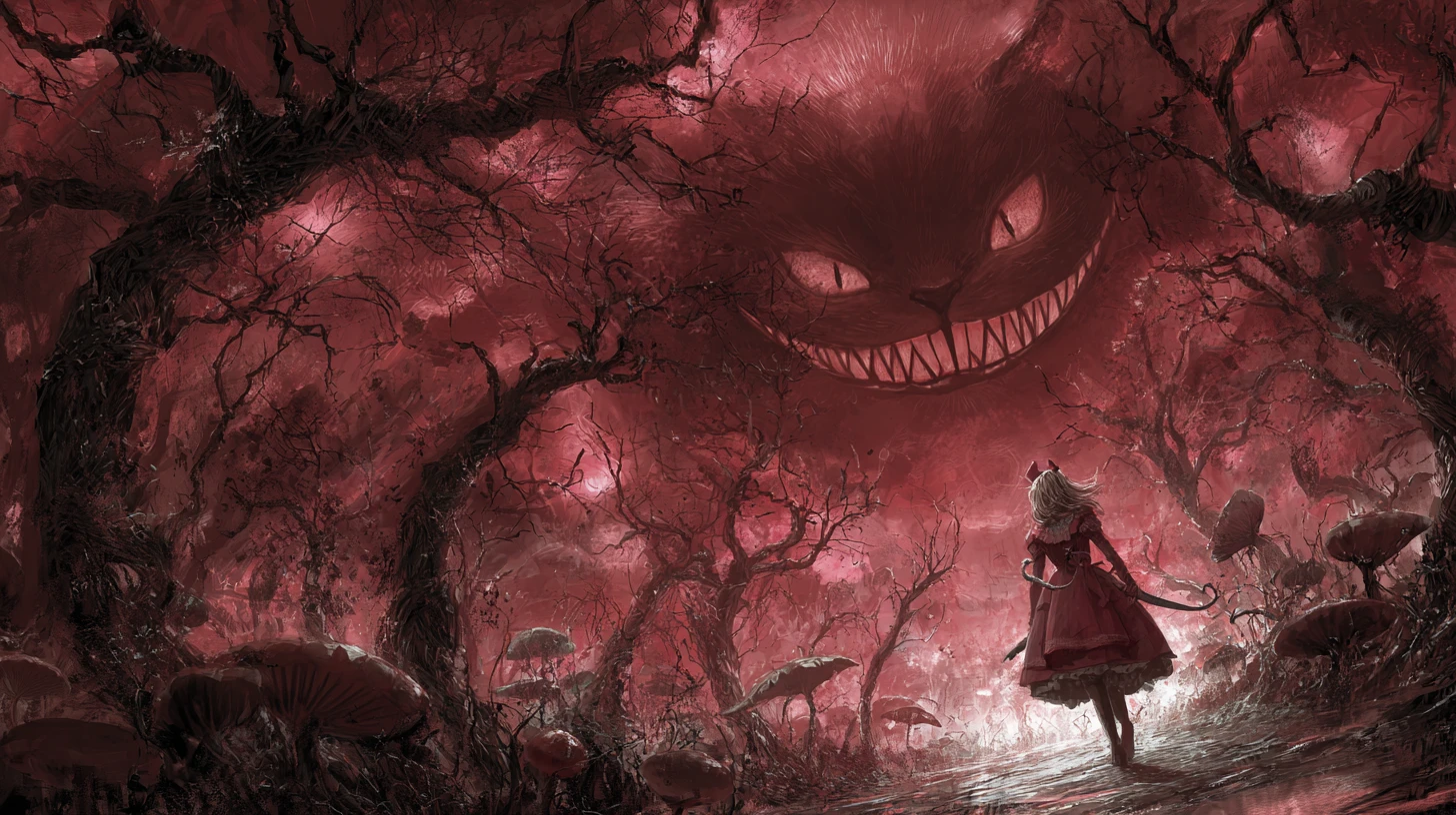 Alice walking alone through a sinister dark forest