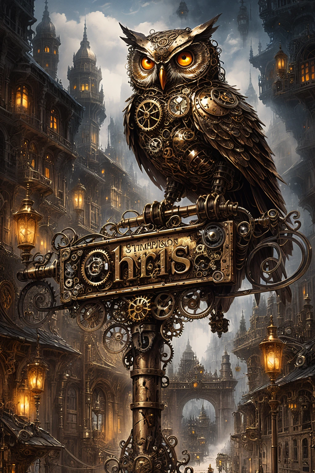 Mechanical steampunk owl perched on sign in ancient city