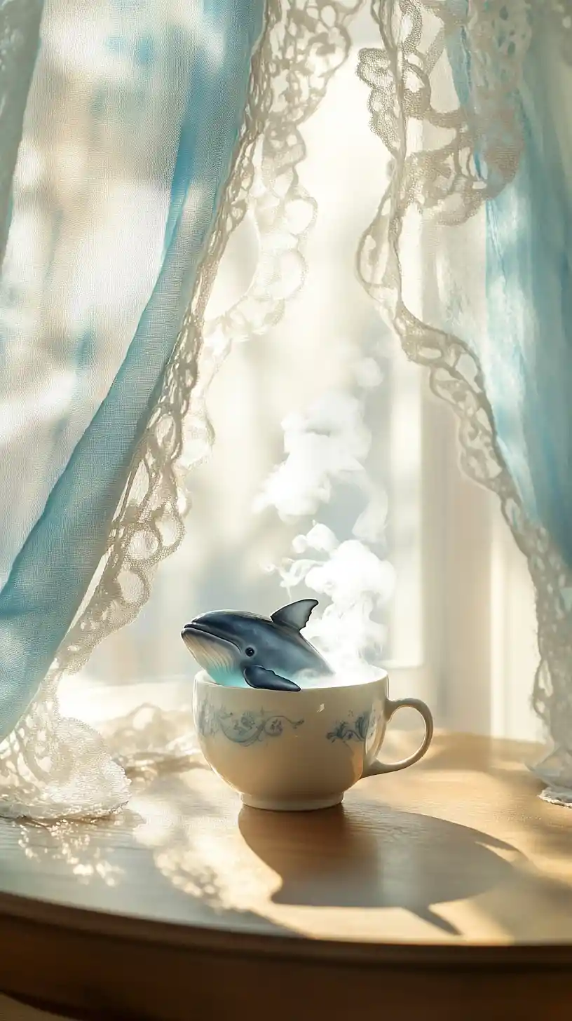 Tiny Whale In Steaming Teacup On Wooden Table