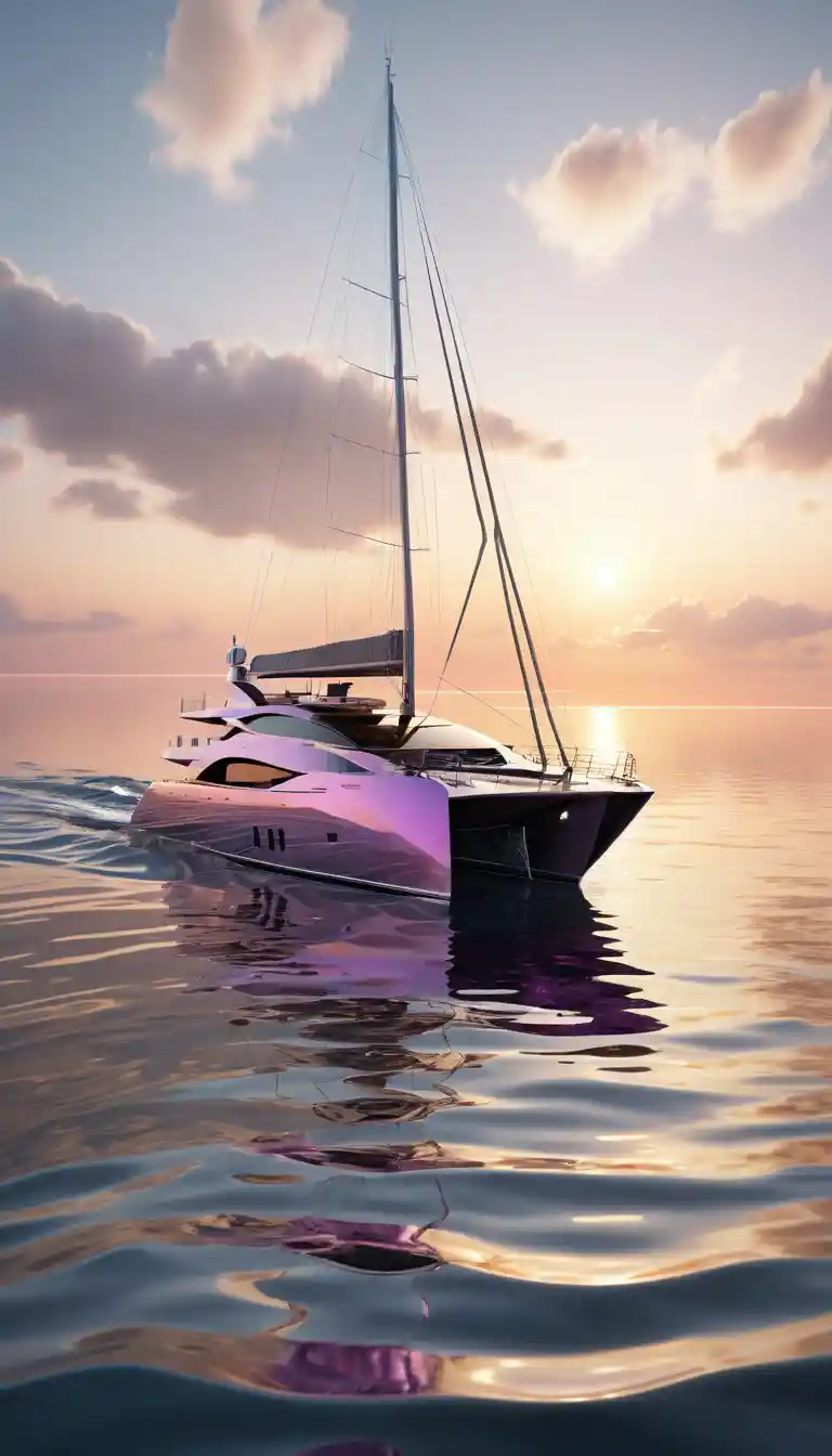 Futuristic yacht gliding across calm ocean at sunset