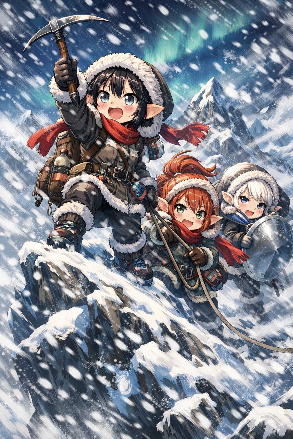 Anime gnome girls climbing a stormy snowy peak