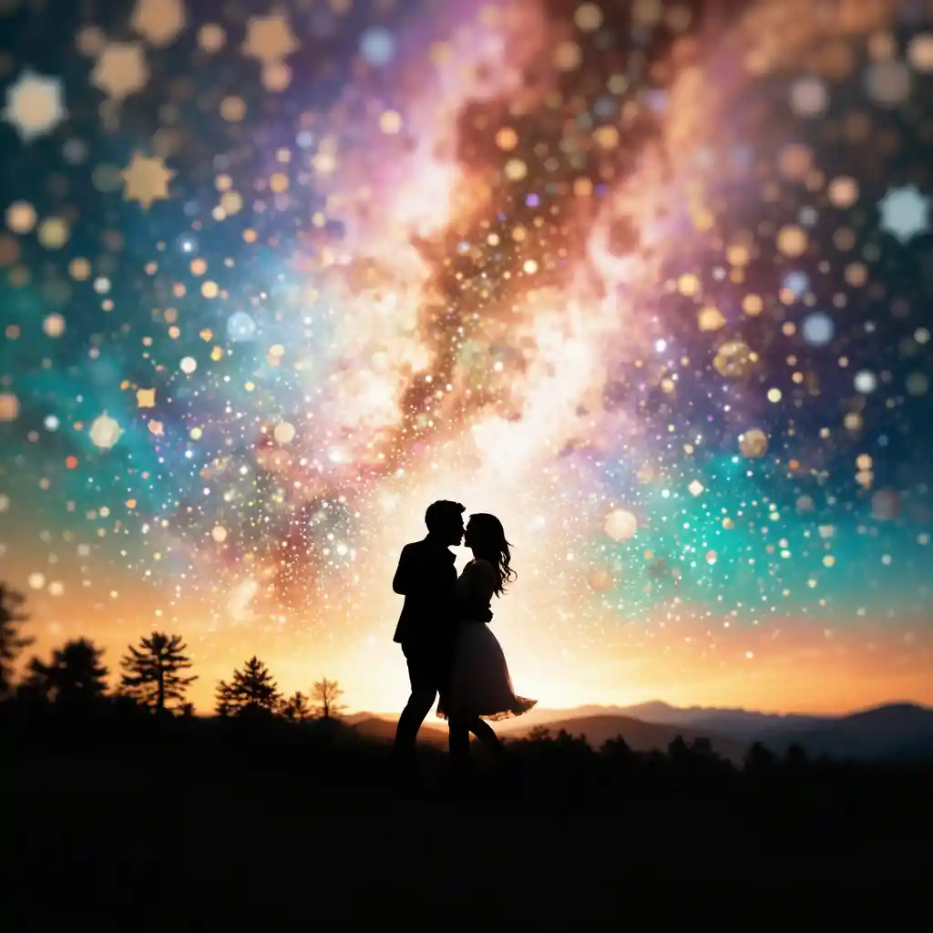 Silhouettiertes Paar, das vor einem kosmischen sternenfüllten Himmel küsst