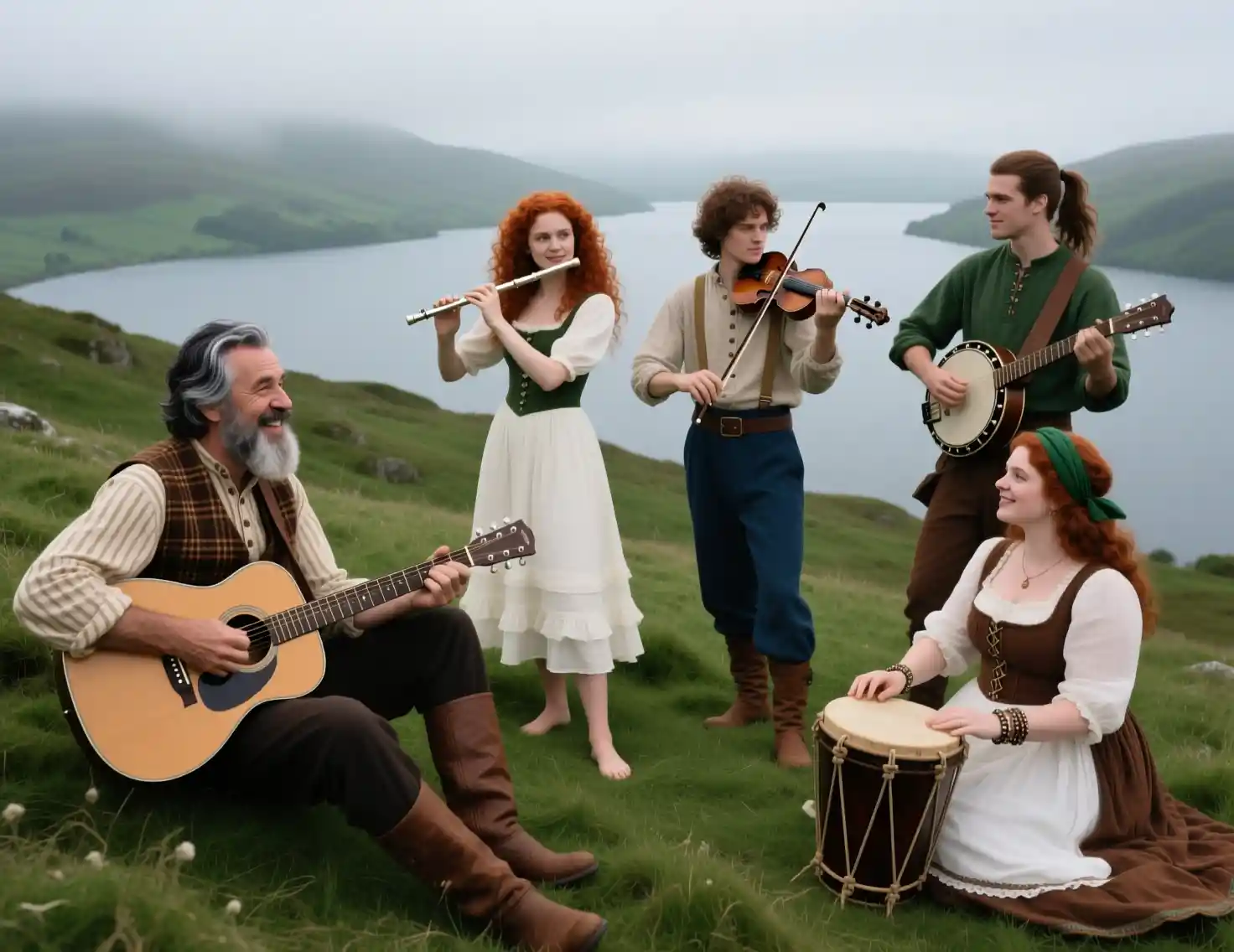Musicians Gather On A Misty Green Hill Above A Wide Lake