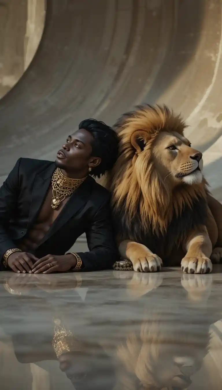 Afrofuturistischer Mann, der mit einem Löwen im filmischen Licht liegt